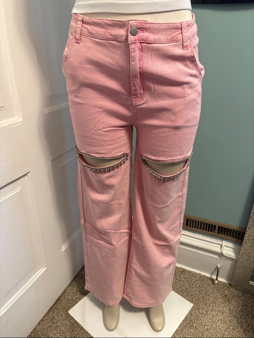 High-Rise Pink Wide-Leg Jeans with Rhinestone Knee Trim